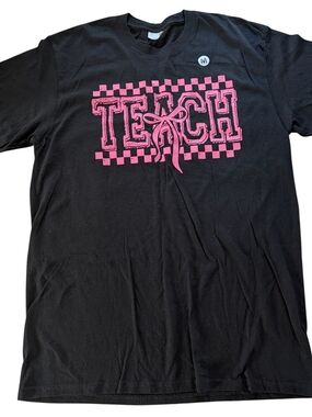 Women's Black Short-Sleeve TEACH Graphic Tee with Pink Print